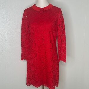 Ted Baker NWOT  Red Lace Long-Sleeve Shift Dress with Peter Pan Collar